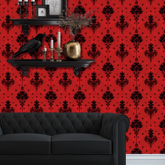 Whimsigoth Simple Black and Red Tapete (Whimsigoth Red & Black Wallpaper Behind a Black Couch)