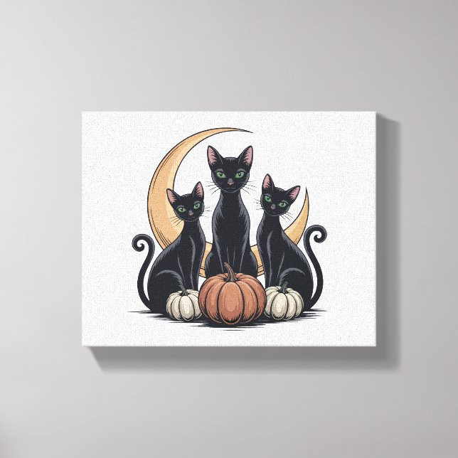 Whimsigothic Black Cats Pumpkin Moon Halloween Leinwanddruck (Vorderseite)