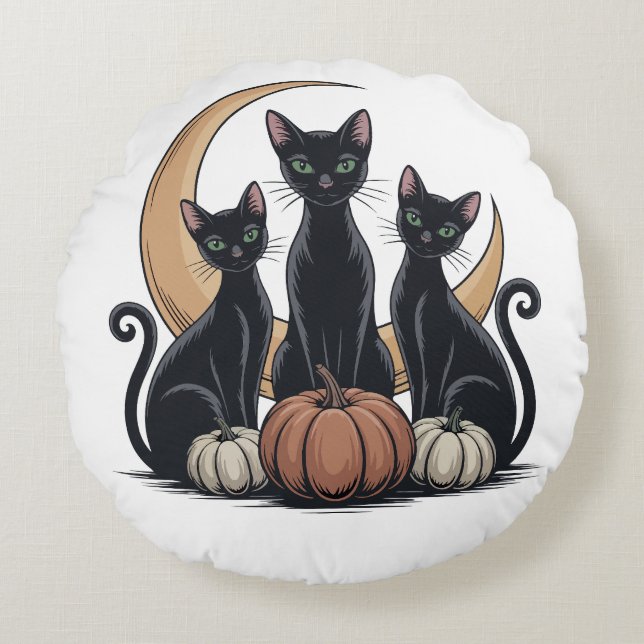 Whimsigothic Black Cats Pumpkin Moon Halloween Rundes Kissen (Vorderseite)
