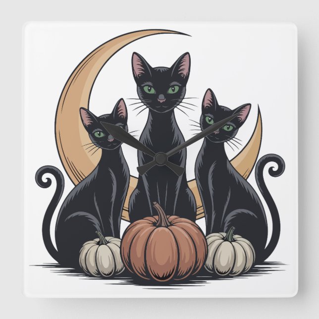 Whimsigothic Black Cats Pumpkin Moon Halloween Wal Quadratische Wanduhr (Vorderseite)