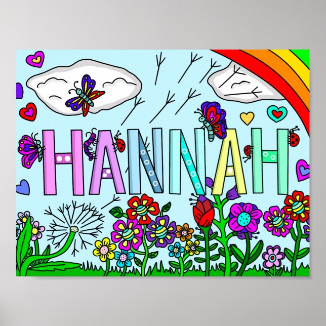 Whimsikale Blume und Mädchenname Hannah Wall Art Poster (Vorne)