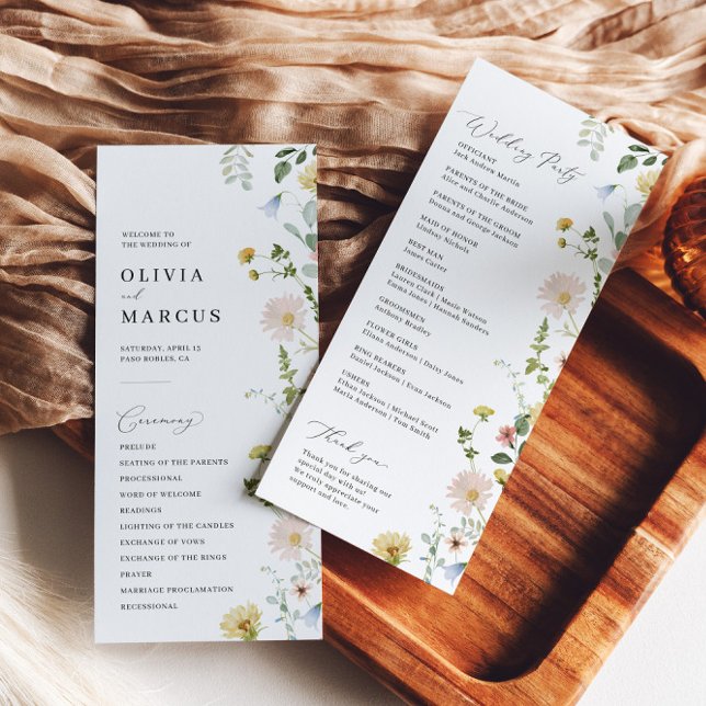 Whimsikale Blush Spring Wildblume Elegante Hochzei Programm (Front/Back)