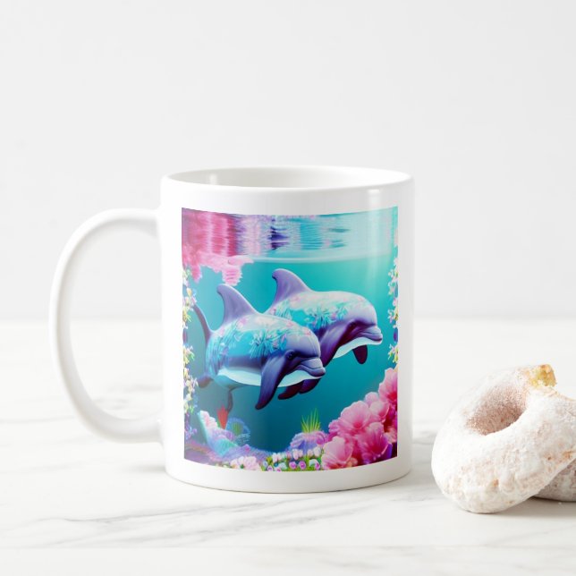 Whimsikale Delphine und Blumenwasser Kaffeetasse (Mit Donut)