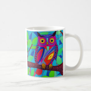 Whimsikale Eule mit bunten Federn Kaffeetasse