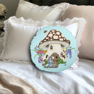 Whimsikale Fantasie-Maus-Pilzhaus-Blume Blau Rundes Kissen
