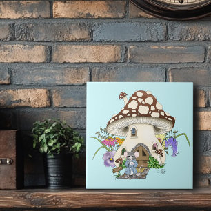 Whimsikale Fantasy-Maus-Pilzhaus-Blumen Blau Fliese