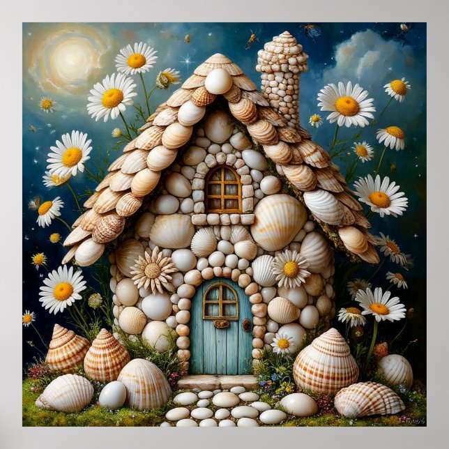 Whimsikale Hütte mit einem blühenden Blumengarten Poster (Vorne)
