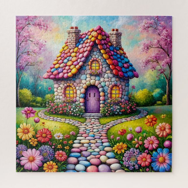 Whimsikale Hütte mit einem blühenden Blumengarten Puzzle (Vertikal)