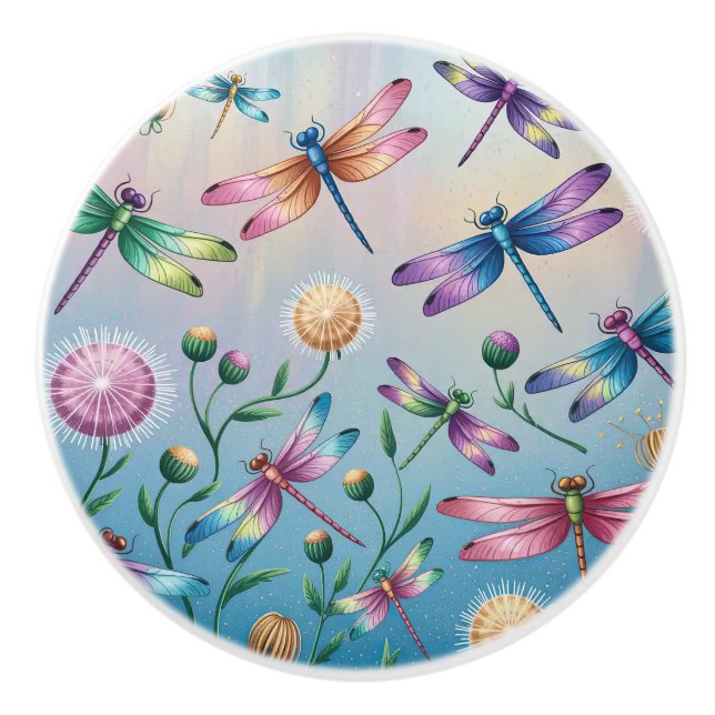 Whimsikale Libellen mit Blume Keramikknauf (Vorderseite)