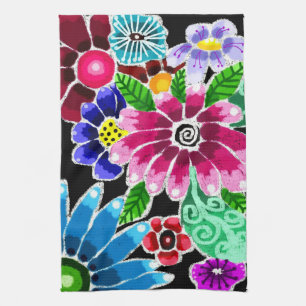 Whimsikale mehrfarbige Folk-Art-Blume florenrosa Geschirrtuch