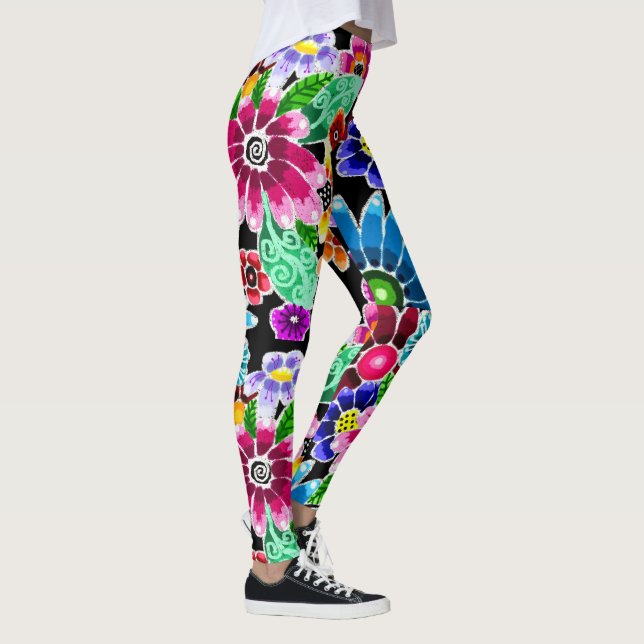 Whimsikale mehrfarbige Folk-Art-Blume florenrosa Leggings (Rechts)