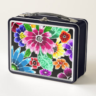 Whimsikale mehrfarbige Folk-Art-Blume florenrosa Metall Brotdose