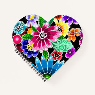 Whimsikale mehrfarbige Folk-Art-Blume florenrosa Notizbuch