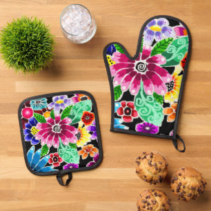 Whimsikale mehrfarbige Folk-Art-Blume florenrosa Ofenhandschuh & Topflappen-Set