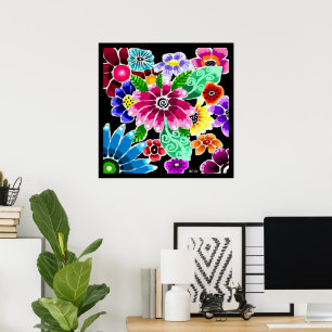 Whimsikale mehrfarbige Folk-Art-Blume florenrosa Poster