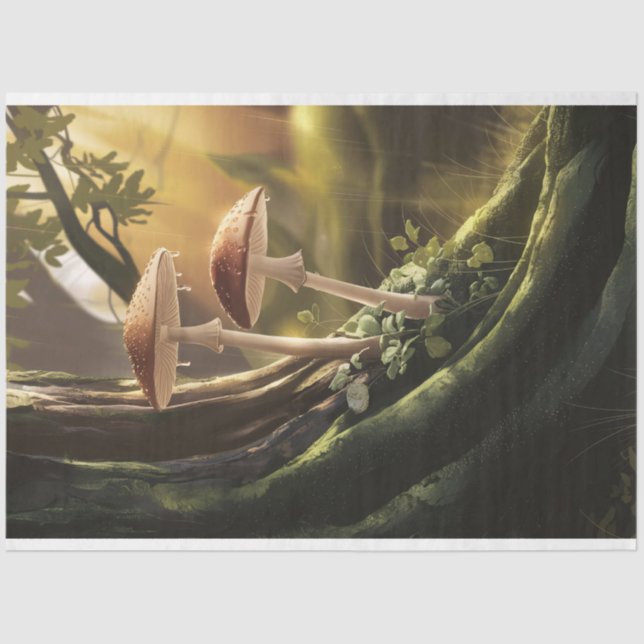 Whimsikale Pilze auf einem Baumdekoutsystem Seidenpapier (Vorderseite)