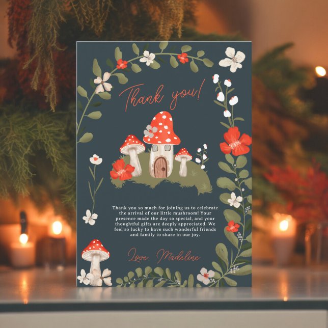 Whimsikale Waldpilze Blütendusche Dankeskarte (Whimsical woodland mushrooms floral baby shower thank you card)
