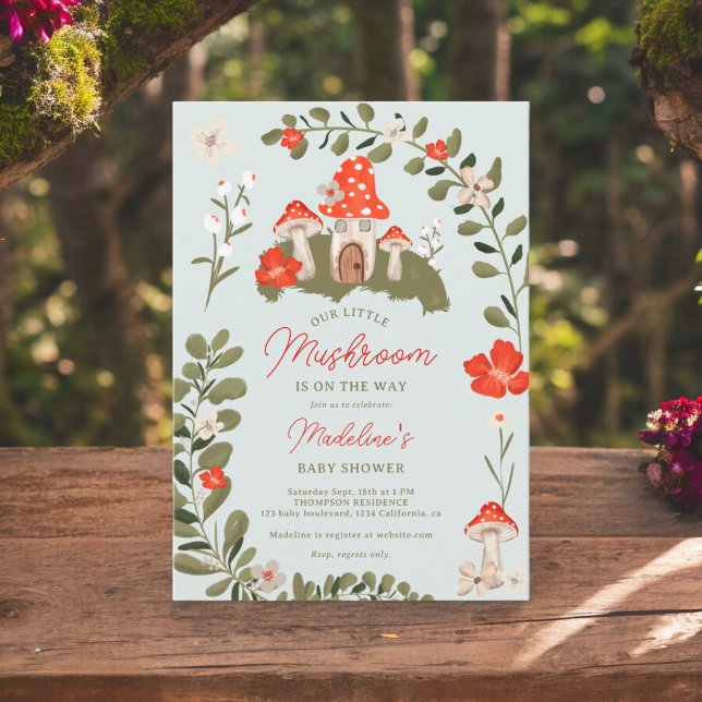 Whimsikale Waldpilze Blütendusche Einladung (Whimsical woodland mushrooms floral baby shower invitation on aqua blue)