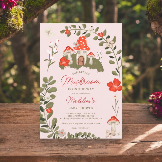 Whimsikale Waldpilze Blütendusche Einladung (Whimsical woodland mushrooms floral baby shower invitation on blush pink)