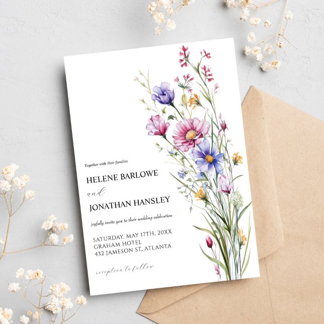 Whimsikale Watercolor Wildblume Elegante Hochzeit Einladung (Watercolor Whimsical Wildflower Elegant Wedding Invitation)
