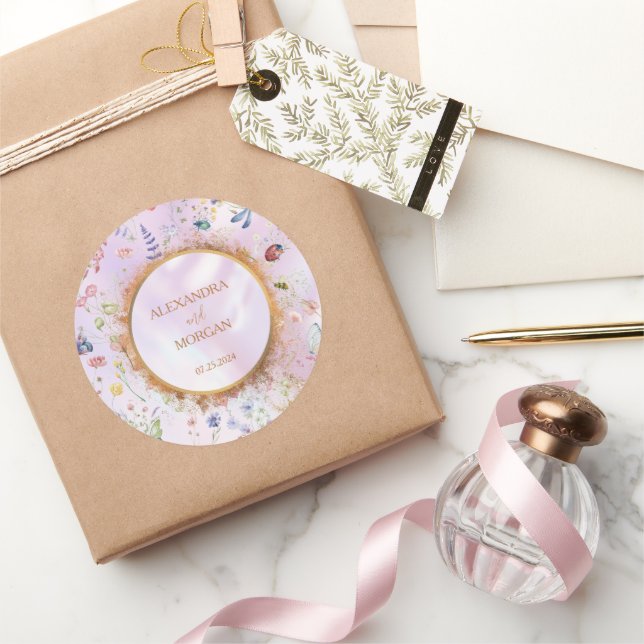 Whimsikale Wildblume Rosa Hochzeitsticker Runder Aufkleber (Schenken)