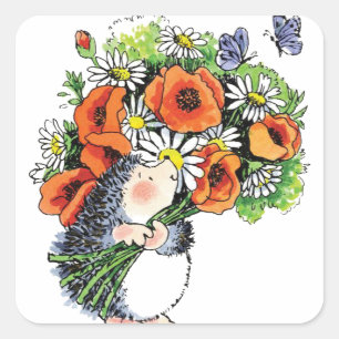 Whimsikaler Igel und Poppies Quadratischer Aufkleber