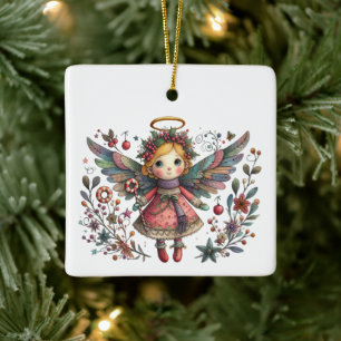 Whimsikaler Weihnachtsgel mit mehrfarbigen Flügeln Keramikornament