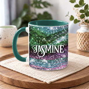 Whimsikalisch gewellte pinkgrüne Glitter-Monogramm Tasse