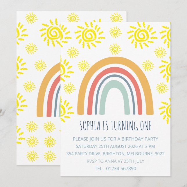 Whimsikalische Boho-Regenbogen-Sonne Einladung zum (Vorne/Hinten)
