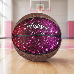 Whimsikalische irisierende rosa Glitter-Monogramm Mini Basketball