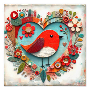 Whimsikalische Mixed-Media Red Robin Bird Heart Fotodruck