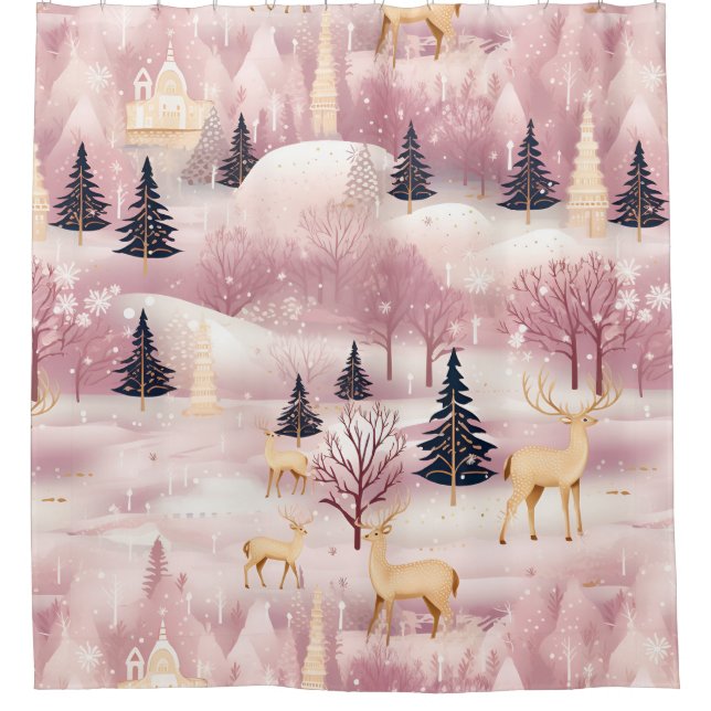 Whimsikalische rosa Winterlandschaft (1) Duschvorhang (Vorderseite)