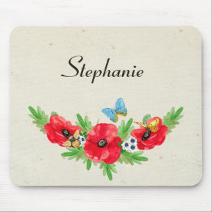 Whimsikalische Vintage-Rote-Mohn-Wasserfarbe mit N Mousepad