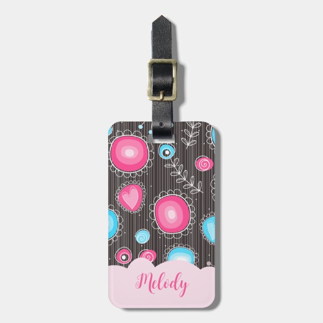 Whimsikalrosa blaue Herzen und Blume Blumenname Gepäckanhänger (Vorderseite vertikal)