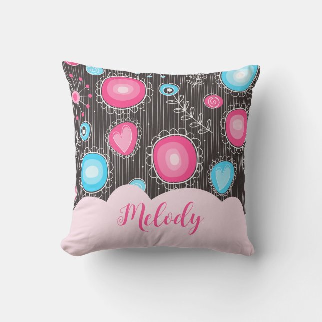 Whimsikalrosa blaue Herzen und Blume Blumenname Kissen (Vorderseite)