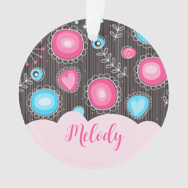 Whimsikalrosa blaue Herzen und Blume Blumenname Ornament (Vorderseite)