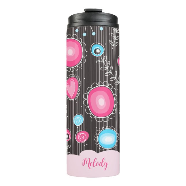 Whimsikalrosa blaue Herzen und Blume Blumenname Thermosbecher (Vorderseite)