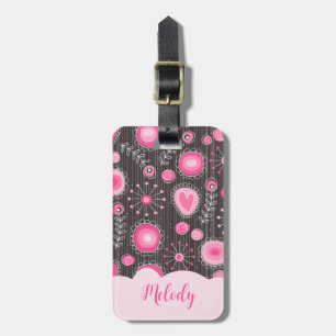 Whimsikalrosa graue Herzen und Blume Blumenname Gepäckanhänger