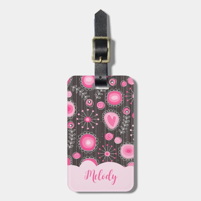 Whimsikalrosa graue Herzen und Blume Blumenname Gepäckanhänger (Vorderseite vertikal)