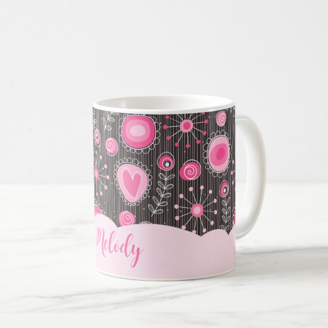 Whimsikalrosa graue Herzen und Blume Blumenname Kaffeetasse (VorderseiteRechts)