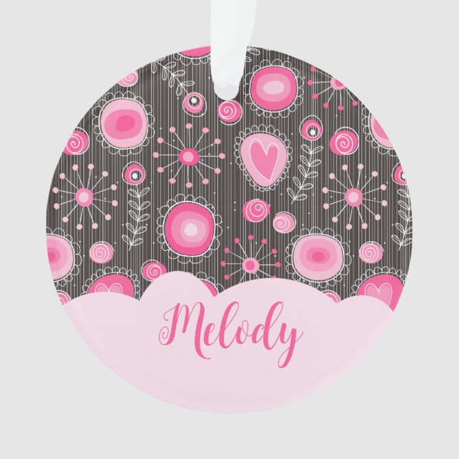 Whimsikalrosa graue Herzen und Blume Blumenname Ornament (Vorderseite)