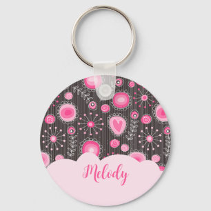 Whimsikalrosa graue Herzen und Blume Blumenname Schlüsselanhänger
