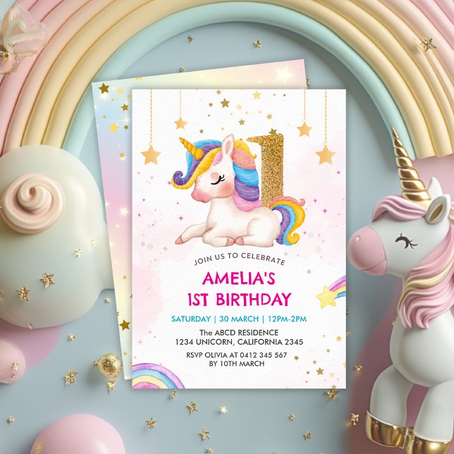 Whimsikalrosa Regenbogen einhorn 1. Geburtstag Par Einladung (Von Creator hochgeladen)