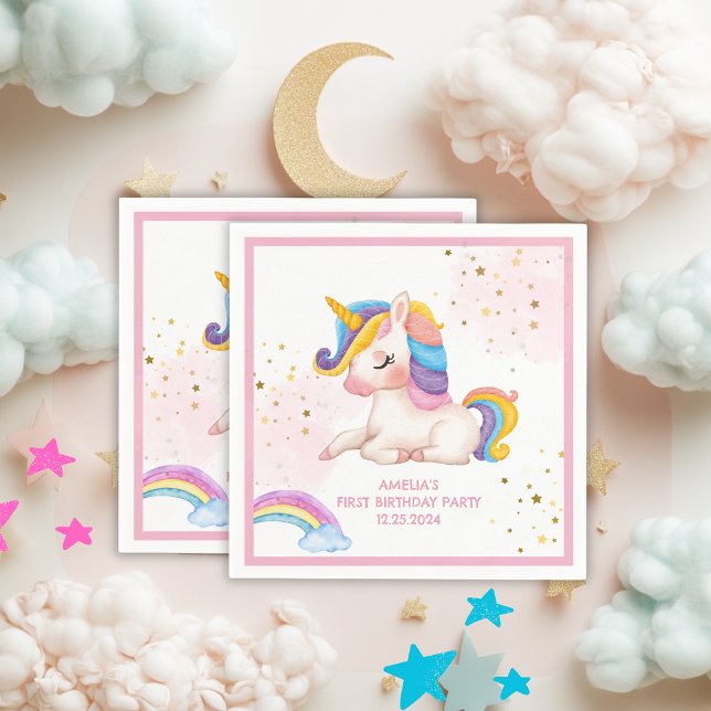 Whimsikalrosa Regenbogen einhorn 1. Geburtstag Par Serviette (Von Creator hochgeladen)