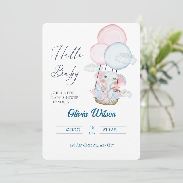 Whimsikant Elephant Baby Showcard - Unisex Design Einladung (Stehend Vorderseite)