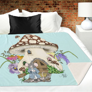 Whimsikante Fantasie-Maus-Pilzhaus-Blumen Blau Sherpadecke