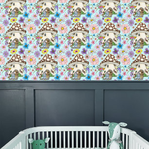 Whimsikantisches Fantasy-Maus-Pilzhaus Floral Blau Tapete
