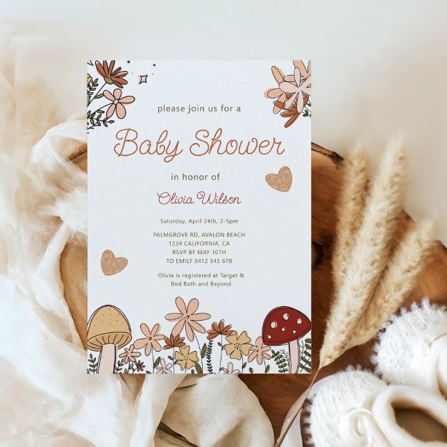 Whimsikäre Wildblumen Mushroom Babydusche Einladung (Whimsical Rustic cottagecore Wildflowers Mushroom Baby Shower invitation)