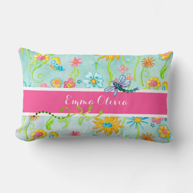 Whimsikfarbene Blume Dragonfly Butterfly Lendenkissen (Vorderseite)
