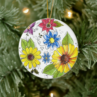 Whimsikfarbener Blumengarten Keramik Ornament
